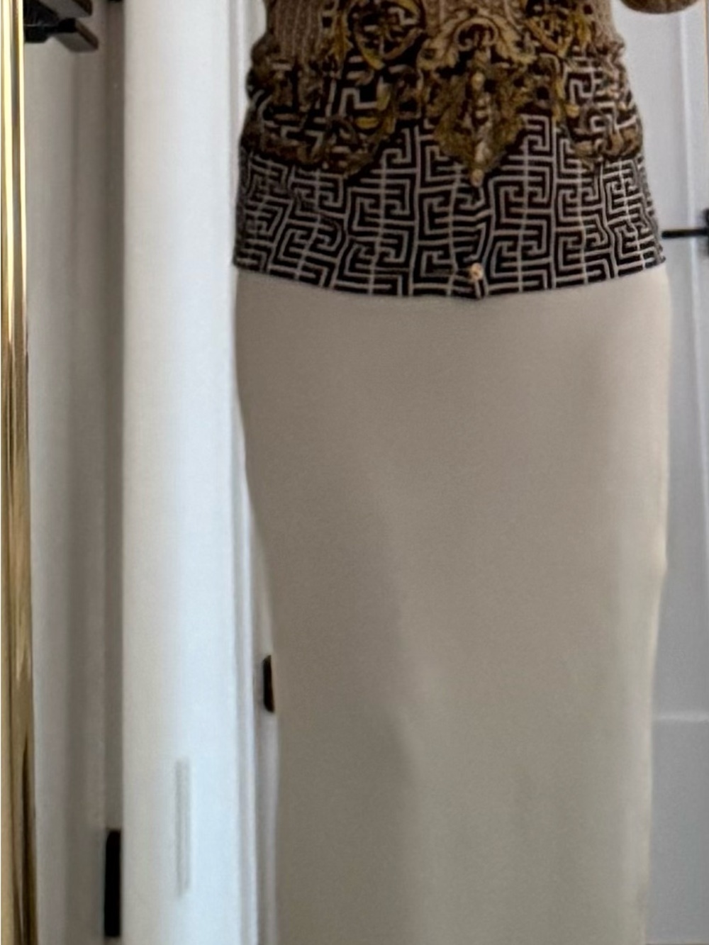 Louis Feraud Cream Ribbed Midi Skirt with Side Slit and Gianfranco Ferre top